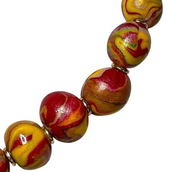 Marbled Bead Necklace Red Yellow Swirl Statement Choker - Picture 5 of 8